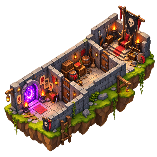 An isometric floating stone gatehouse lit by torches and a purple portal